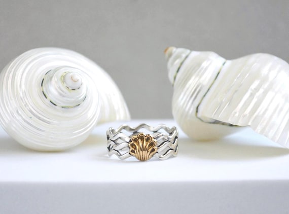 Seashell Wave Ring – Sterling Silver Cape Cod Jewelry, Coastal Nautical Shell Ring, Beach Jewelry, Mixed metal Ring