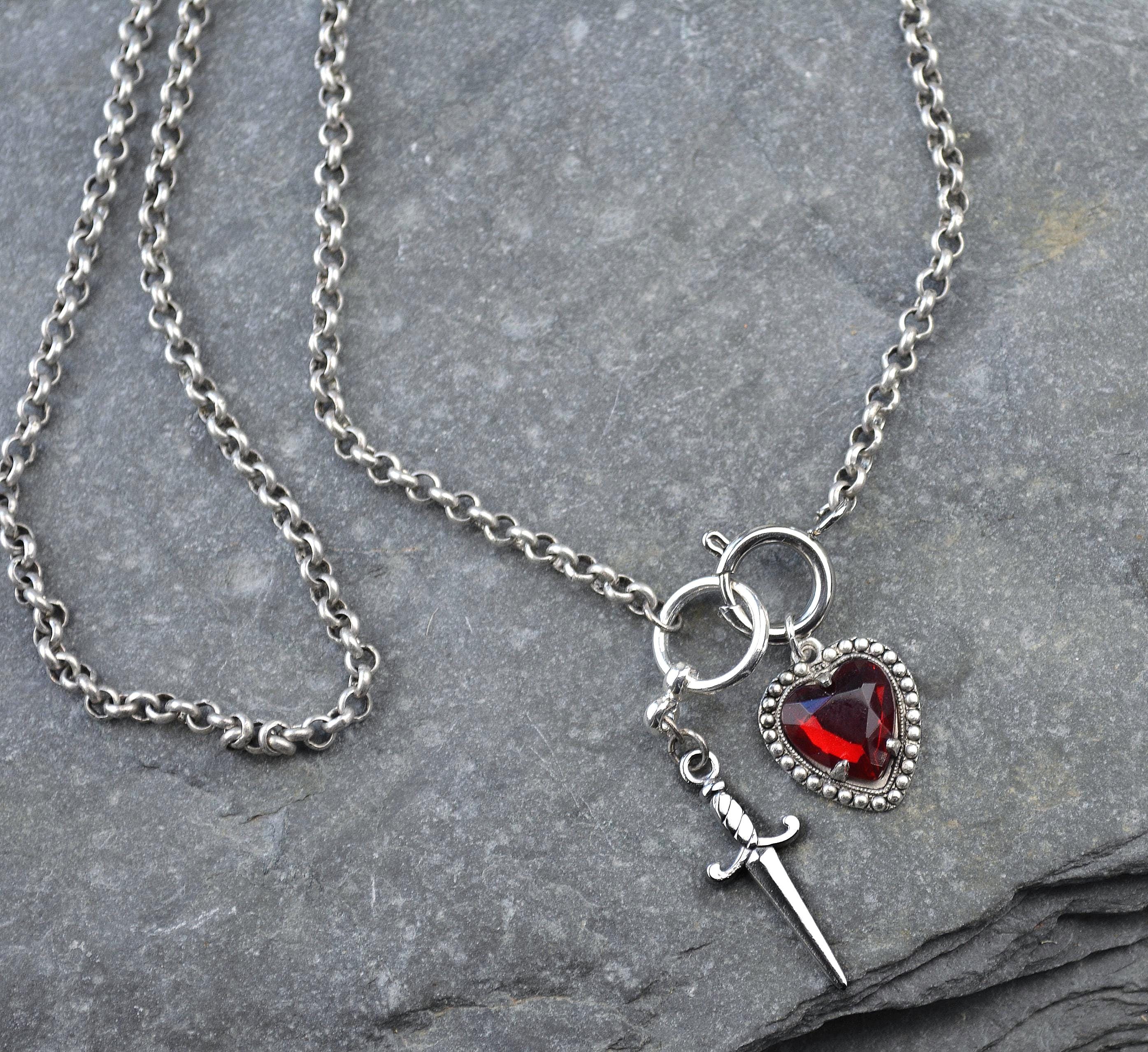 Sword and Heart Charm Chain Necklace, Goth Y2K ,antique Silver