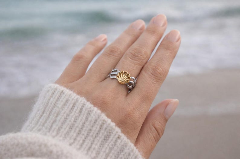 Seashell Wave Ring – Sterling Silver Cape Cod Jewelry, Coastal Nautical Shell Ring, Beach Jewelry, Mixed metal Ring image 2