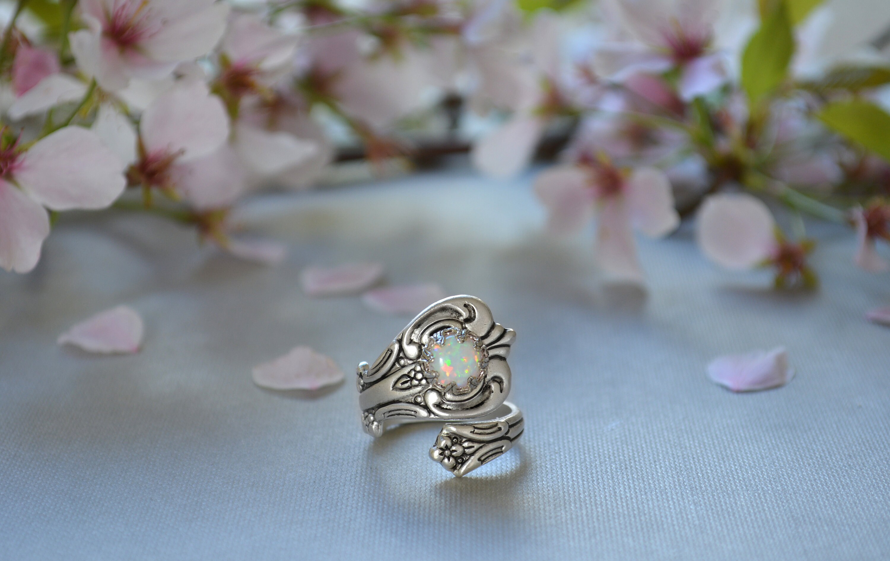 White Opal Spoon Ring, Fire Opal Ring, October Birthstone Ring, Thumb Ring, Spoon Jewelry, Opal Promise Ring,Silver plated