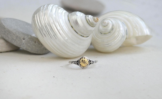 Tiny Seashell Ring, Shell Signet Ring, Dainty seashell Ring, Cape Cod Jewelry, Mixed Metal Sterling Silver Ring with Gold Shell