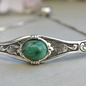 Natural Emerald Bracelet, May Birthstone Bracelet, Adjustable silver stacking bracelet