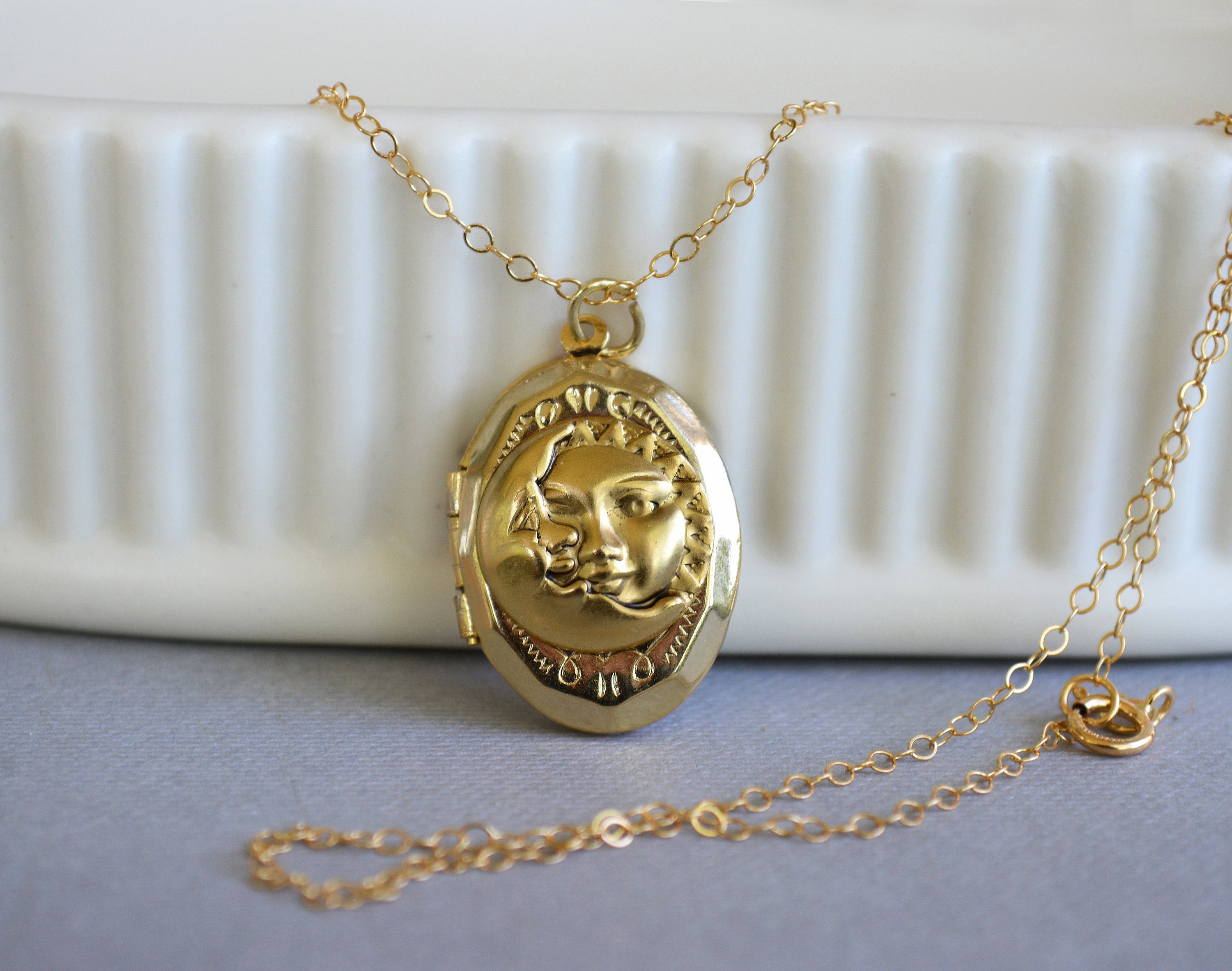 Gold Sun Necklace, Celestial Locket Necklace, Sun and Moon