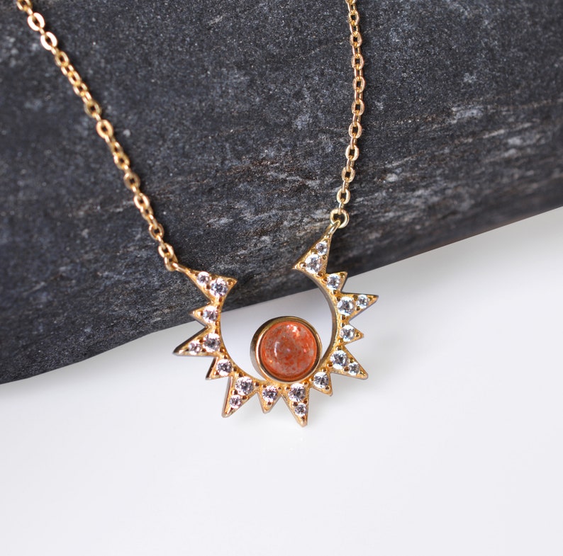 Gold Sun Necklace, Dainty Starburst Necklace, Sunstone Moon Star Jewelry, Delicate Starburst Necklace, Sterling layering Necklace image 1