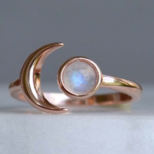 Wanderlust Ring, Crescent Moon Ring with Moonstone, Raw Gemstone Jewelry, Moon Goddess Celestial Rings, Sterling silver, Rose Gold Planet