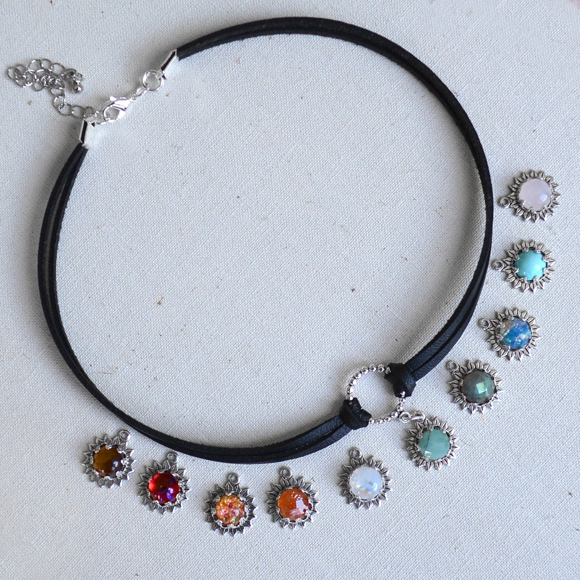 Stone and Leather Choker Necklace, Select your Gemstone, Raw Emerald, Rainbow Moonstone and Fire Opals