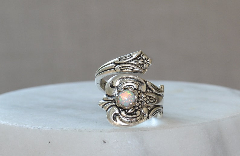 White Opal Spoon Ring, Thumb Ring, October birthday Gift, Silver Plated Spoon Rings, Spoon Jewelry, October birthstone Ring, fire opal rings image 5