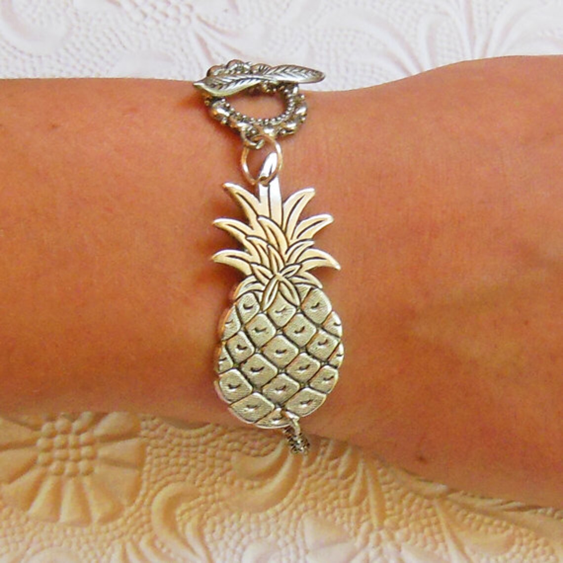 Pineapple Bracelet Antique Silver Plated Cuff Etsy