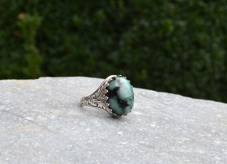 Natural Emerald Ring, Raw Emerald Ring, May birthday gift, Real Emerald Ring, silver plated and adjustable image 2
