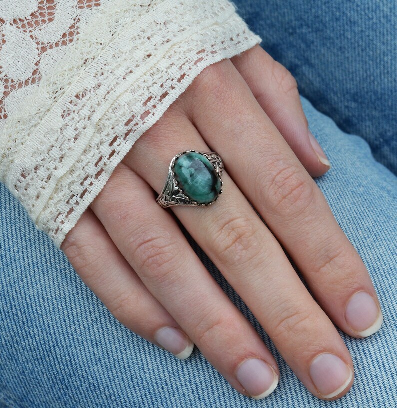 Natural Emerald Ring, Raw Emerald Ring, May birthday gift, Real Emerald Ring, silver plated and adjustable image 1