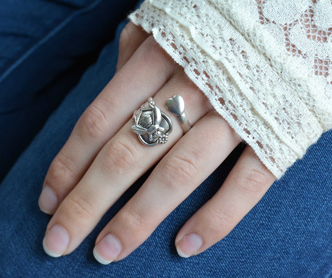 Dainty Bee Ring, Bee Spoon Ring, Heart Bee Flower Ring, Gardeners Ring ...