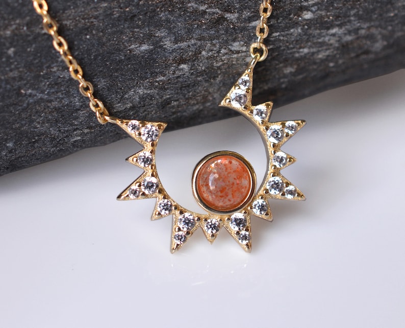 Gold Sun Necklace, Dainty Starburst Necklace, Sunstone Moon Star Jewelry, Delicate Starburst Necklace, Sterling layering Necklace image 3