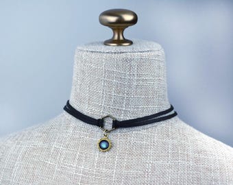 Gemstone Leather Choker with Black Pearl, Raw Emerald, Opal, Turquoise and other Stone Options