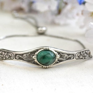 Natural Emerald Bracelet, May Birthstone Bracelet, Adjustable silver stacking bracelet