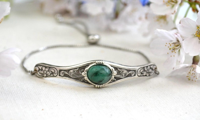 Natural Emerald Bracelet, May Birthstone Bracelet, Adjustable silver stacking bracelet
