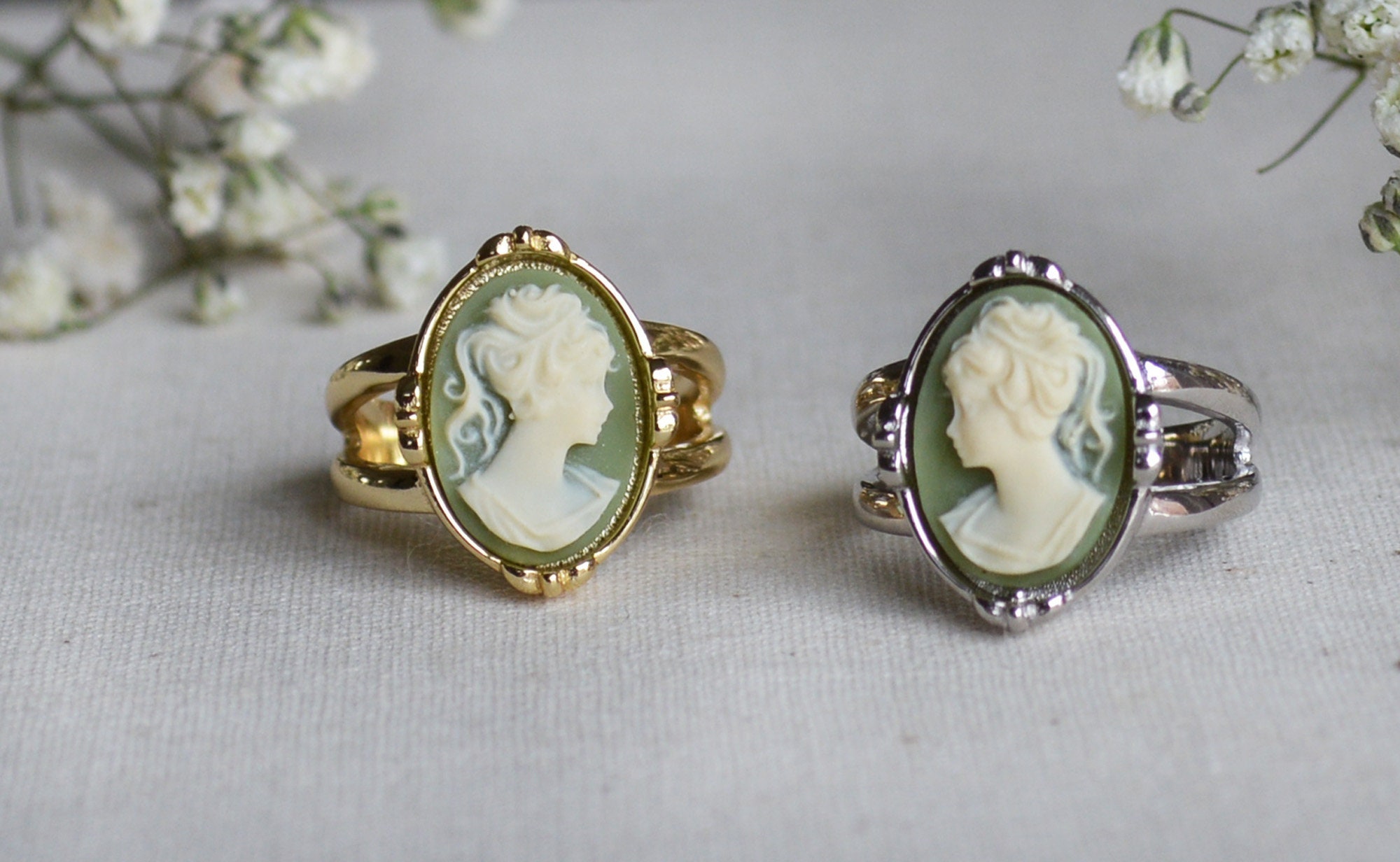 Green Cameo Ring in Sterling Silver or Gold Vermeil Dainty Cameo Ring Lady Portrait Cameo Ring Victorian Style Jewelry Etsy