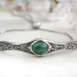 Natural Emerald Bracelet, May Birthstone Bracelet, Adjustable silver stacking bracelet