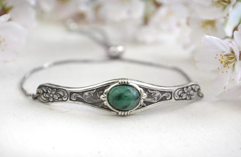 Natural Emerald Bracelet, May Birthstone Bracelet, Adjustable silver stacking bracelet