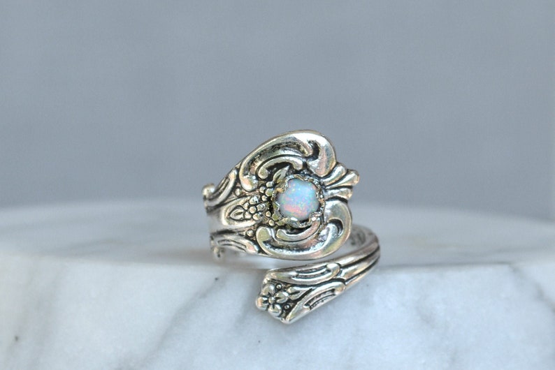 White Opal Spoon Ring, Thumb Ring, October birthday Gift, Silver Plated Spoon Rings, Spoon Jewelry, October birthstone Ring, fire opal rings image 1