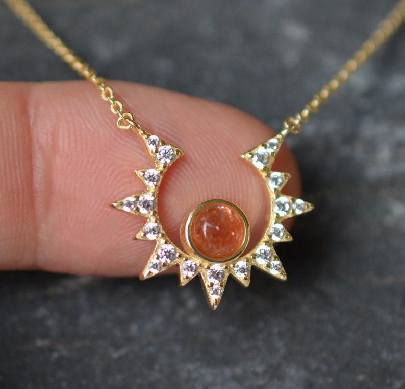 Gold Sun Necklace, Dainty Starburst Necklace, Sunstone Moon Star Jewelry, Delicate Starburst Necklace, Sterling layering Necklace image 2