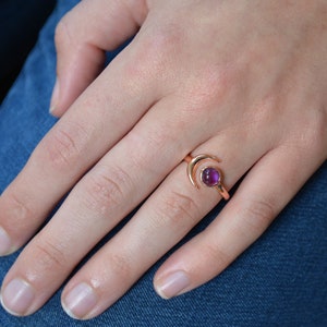 Wanderlust Moon Ring, Rose Gold Amethyst Ring, Crescent Star jewelry, Moon hugging Planet Ring, Blush Moon Ring, February birthstone ring image 5