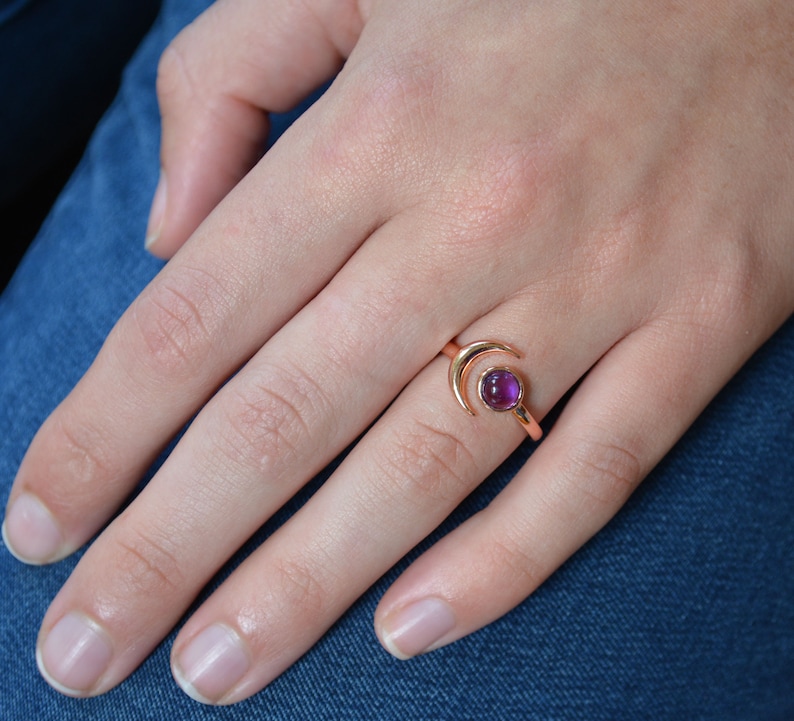 Wanderlust Moon Ring, Rose Gold Amethyst Ring, Crescent Star jewelry, Moon hugging Planet Ring, Blush Moon Ring, February birthstone ring image 5