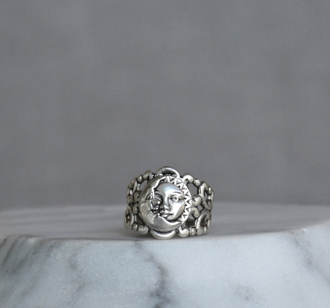 Sterling Silver Oxidized Snake Moon & Sun Statement Ring