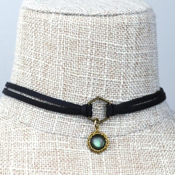 Gemstone Leather Choker With Black Pearl, Raw Emerald, Opal