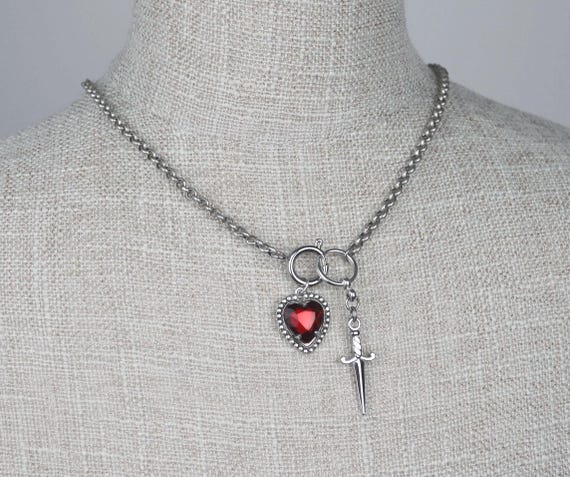 Sword and Heart Charm Chain Necklace, Goth Y2K ,antique Silver