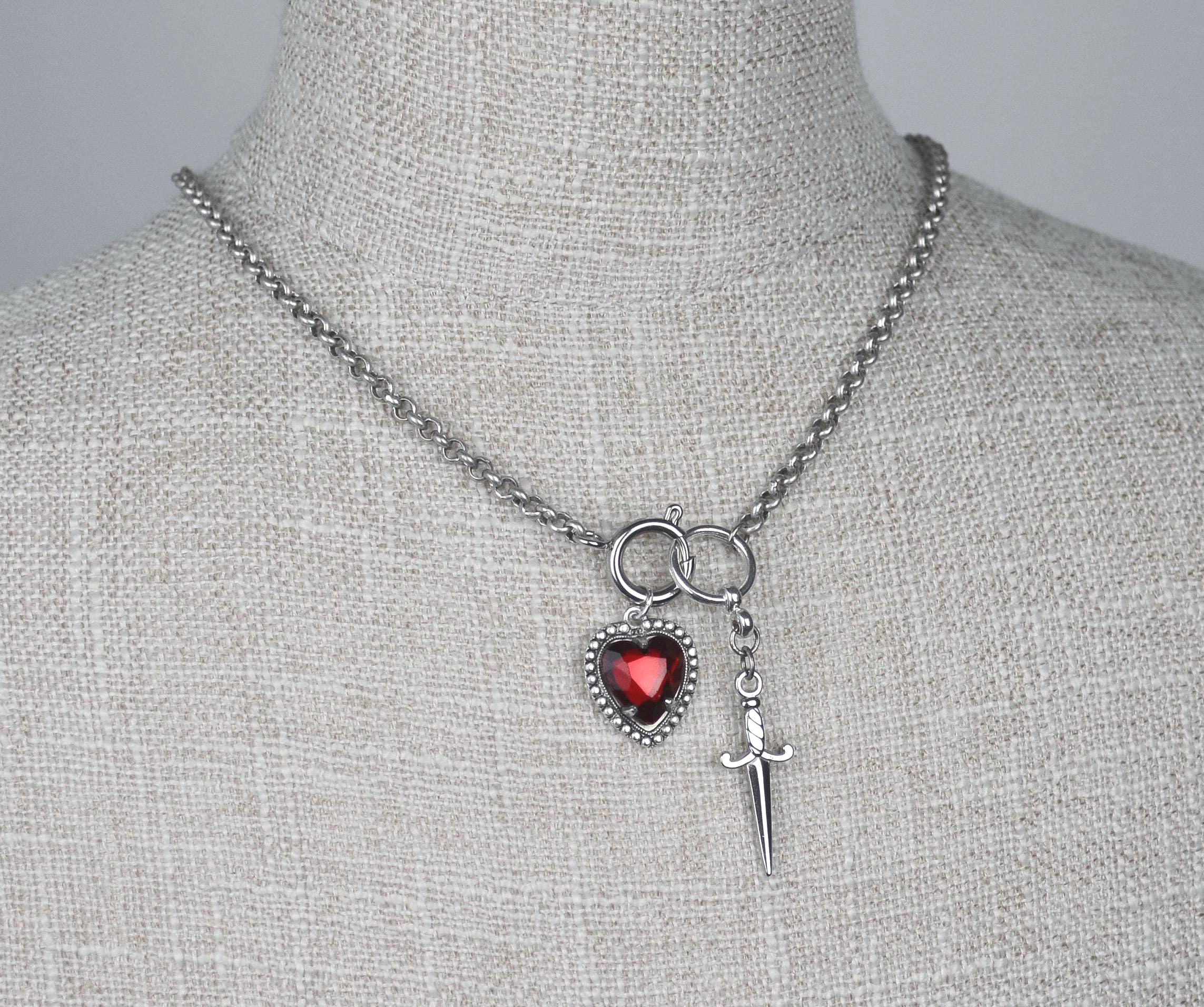 Sword and Heart Charm Chain Necklace, Goth Y2K ,antique Silver