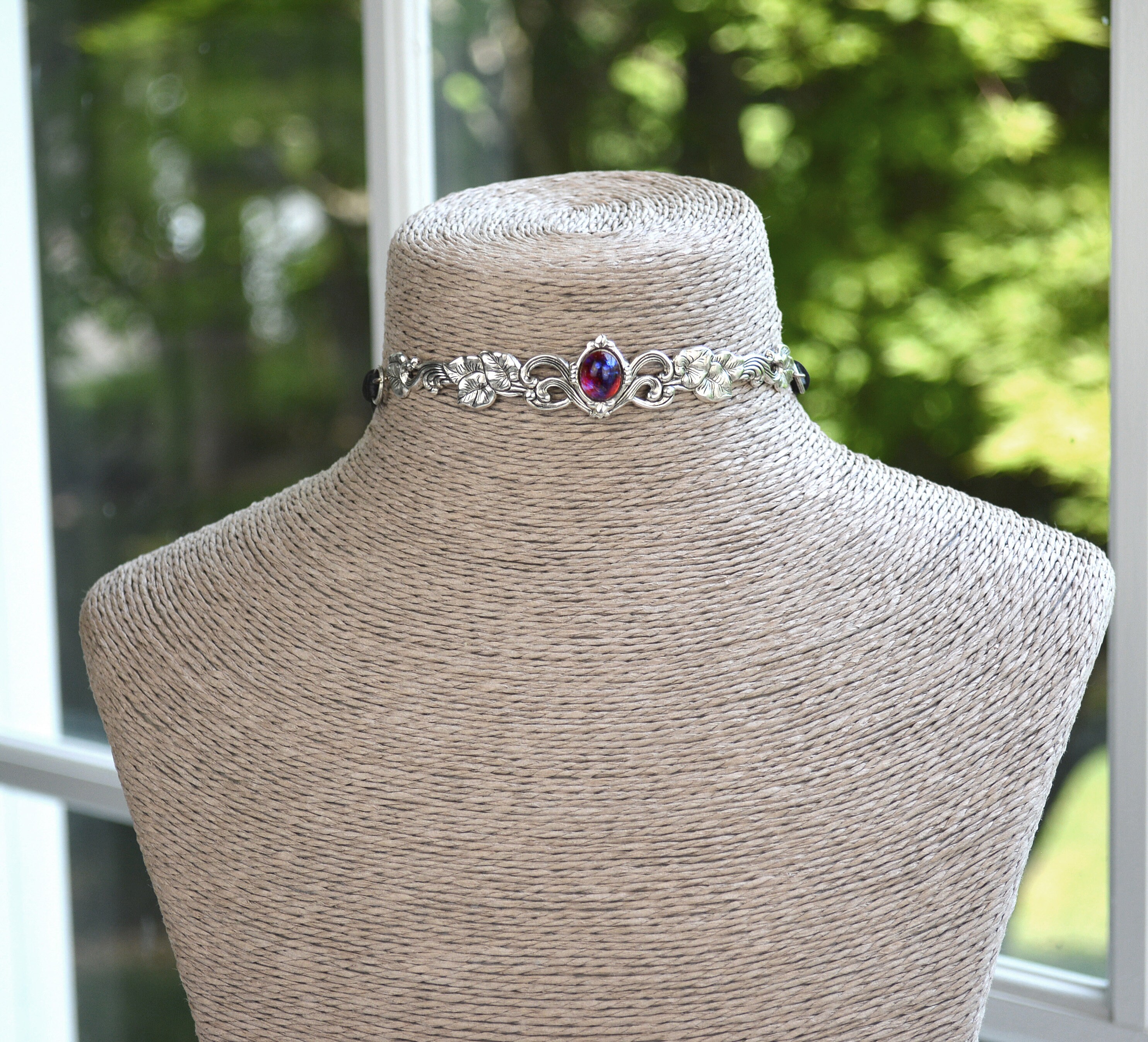 Dragon's Breath Fire Opal Choker: Victorian Flower Vine, Color
