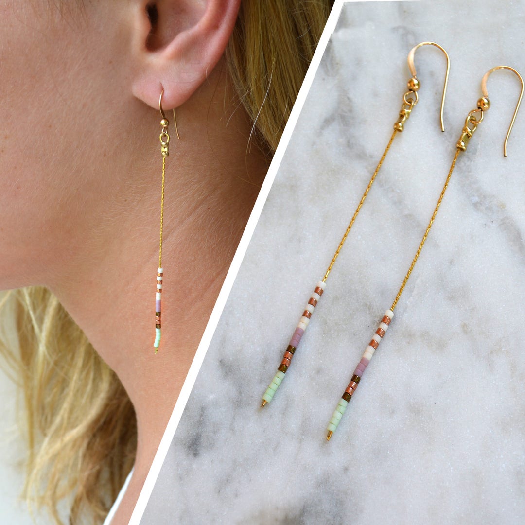 Thin Simple Earrings, Gold Minimal Earrings, Long Beaded Earrings