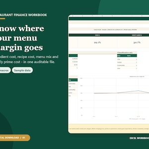 May include: A digital Restaurant Finance Workbook spreadsheet featuring a dark green background with white text. The document includes the title Know where your menu margin goes, a data table with COGS and labor percentages, and a line graph chart.