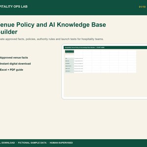 Hospitality AI Knowledge Base Template, Venue Policy Builder and Guest FAQ Approval Workbook
