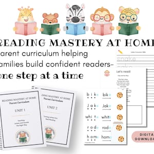 May include: A Reading Mastery at Home parent curriculum set featuring two spiral-bound units, worksheets with letter formation and reading exercises, and illustrations of five cartoon animals reading books. The text reads Reading Mastery at Home.