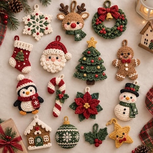 May include: A collection of fourteen crocheted Christmas ornaments including a snowflake, reindeer, wreath, stocking, Santa Claus, Christmas tree, gingerbread person, penguin, candy cane, poinsettia, snowman, house, bauble, and star.