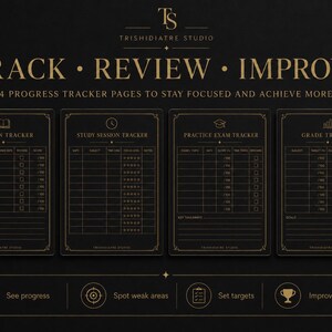 Könnte beinhalten: Vier schwarze Fortschritts-Tracker-Seiten mit goldenem Text und Rändern. Die Seiten sind betitelt als Revision Tracker, Study Session Tracker, Practice Exam Tracker und Grade Tracker. Der Text oben lautet TRACK • REVIEW • IMPROVE.