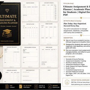 Könnte beinhalten: Ein digitales akademisches Planer-Set mit schwarzem Einband und goldenem Text Ultimate Assignment & Deadline Planner, sowie verschiedenen druckbaren Seiten für Semester-, Monats- und Wochenpläne, Aufgabenverfolgung und Notenübersichten.
