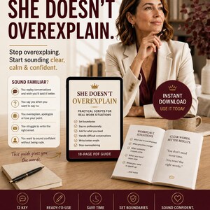 Könnte beinhalten: Eine digitale Produktwerbung mit dem Titel She Doesn't Overexplain, die einen 18-seitigen PDF-Leitfaden auf einem Tablet und ein offenes Buch zeigt. Der Text enthält berufliche Skripte, Tipps für klare Kommunikation und häufige Herausforderungen.