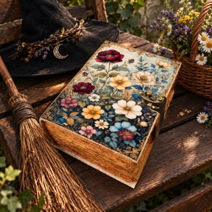 May include: A rectangular wooden box with a hinged lid featuring a colorful floral print of red, yellow, white, and blue flowers. The box has a metallic latch and textured sides resembling aged book pages, positioned near a black hat and broom.