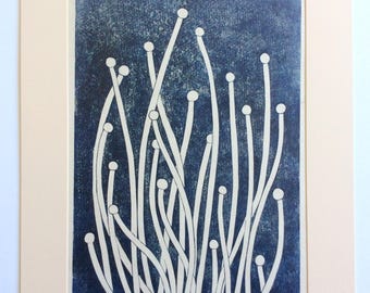 linocut - SPROUTS // 16x20 art print // printmaking // block print // blue // nature art // seedlings // fungi // original // large print