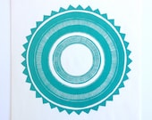 Linosnede - SUN / / 12 x 12 art print / / prentkunst / / print blokkeren / / turquoise, blauw groen / / geometrische / / originele kunst / / mandala / / 10 x 10