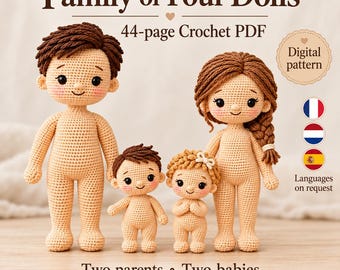 Op de afbeelding: Een 44-pagina tellend digitaal haakpatroon in PDF-formaat genaamd Family of Four Dolls, met twee volwassen poppen en twee babypoppen. De poppen hebben een lichte huid, donker haar en roze wangen. Tekst: Two parents, Two babies, MeadowLoopStudioUS.