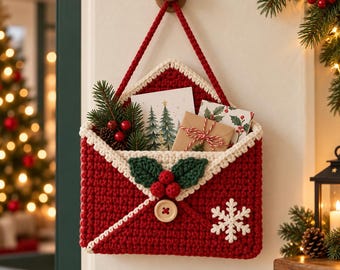 Op de afbeelding: Een rode gehaakte envelop als wandhanger met een crèmekleurige rand, een houten knoopsluiting, een witte sneeuwvlokapplicatie en een hulstversiering. De envelop bevat een kerstboomkaart en een klein cadeau in bruin papier.