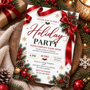 May include: A white holiday party invitation card featuring red ribbons, pine branches, pinecones, red berries, and gold ornaments. The text reads: Please join us for a Holiday Party, Your Company Name Here, 18 Dec, 6 PM, The Grand Oak Hall.