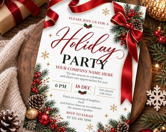 May include: A white holiday party invitation card featuring red ribbons, pine branches, pinecones, red berries, and gold ornaments. The text reads: Please join us for a Holiday Party, Your Company Name Here, 18 Dec, 6 PM, The Grand Oak Hall.
