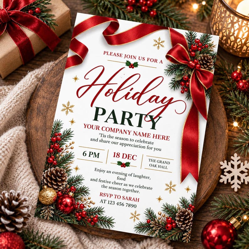 May include: A white holiday party invitation card featuring red ribbons, pine branches, pinecones, red berries, and gold ornaments. The text reads: Please join us for a Holiday Party, Your Company Name Here, 18 Dec, 6 PM, The Grand Oak Hall.