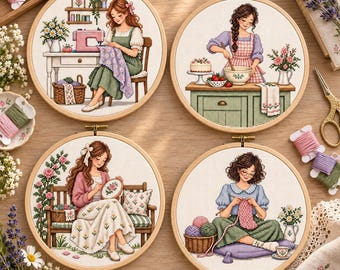 May include: Four circular wooden embroidery hoops featuring cross-stitch designs of individuals engaged in hobbies: sewing at a table, baking in a kitchen, embroidering on a garden bench, and knitting while sitting on a floor cushion.