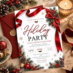 May include: A white holiday party invitation card featuring a red ribbon, pine branches, pinecones, and red berries. The text reads: Please join us for a Holiday Party, Your Company Name Here, 18 Dec, 6 PM, The Grand Oak Hall, and RSVP to Sarah.