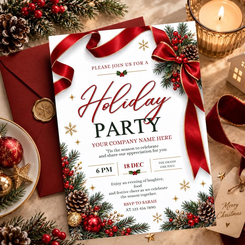May include: A white holiday party invitation card featuring a red ribbon, pine branches, pinecones, and red berries. The text reads: Please join us for a Holiday Party, Your Company Name Here, 18 Dec, 6 PM, The Grand Oak Hall, and RSVP to Sarah.